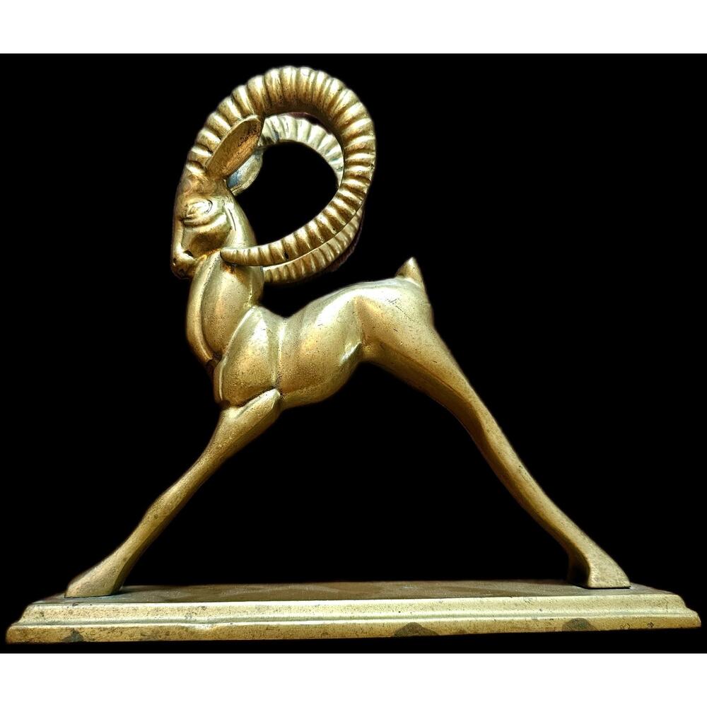 Vintage MCM Brass Ibex Or Ram Collectoble Decorative Figurine. 9" L x 8.5" tall.